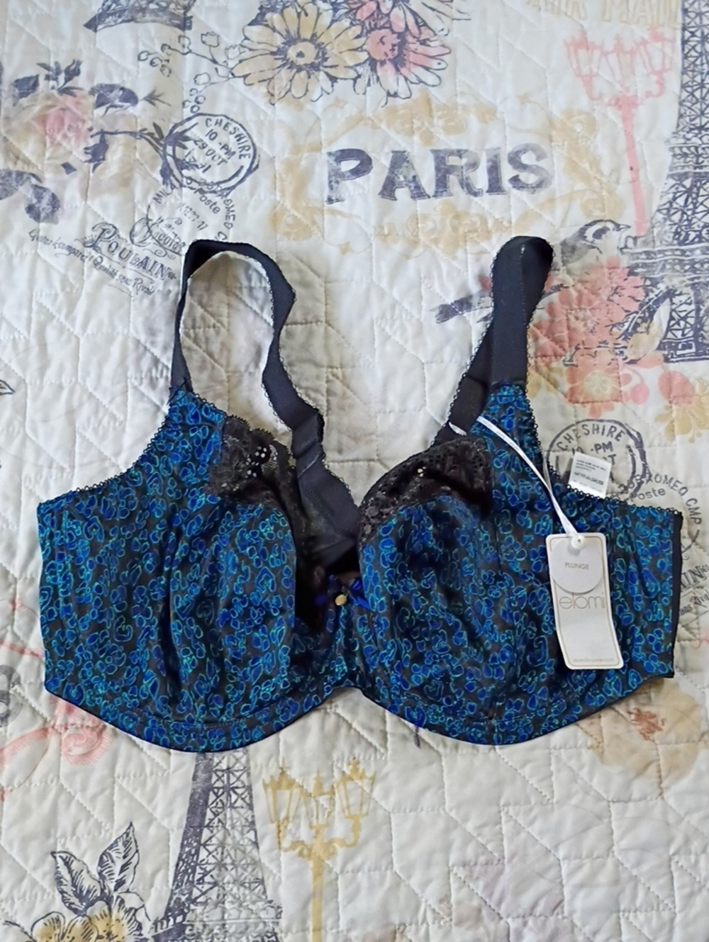 NWT Elomi Blue and Black Colorful Print Underwire Bra Size 40g